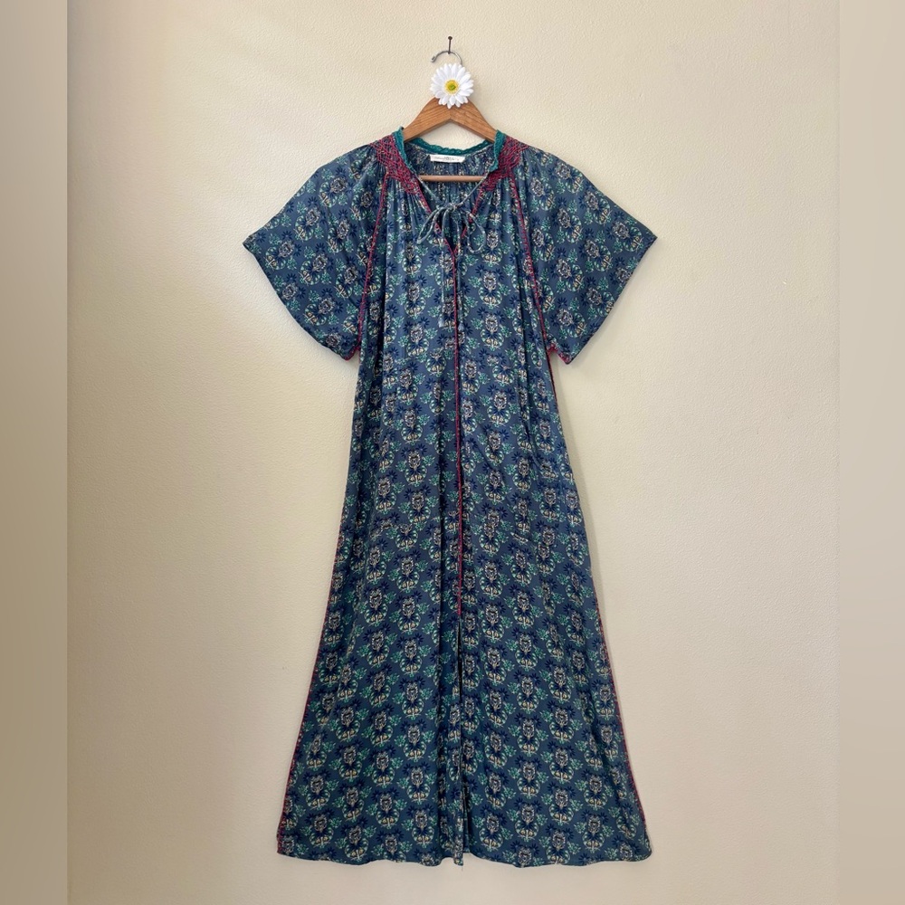 NATURAL LIFE Teal Maxi Dress with Deep Red Embroidery Trim.